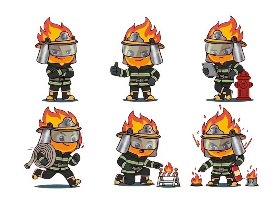 Firefighter mascot poses from the campaign asset set