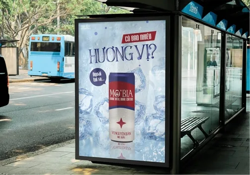 Six-flavour poster mockup at a transit shelter.