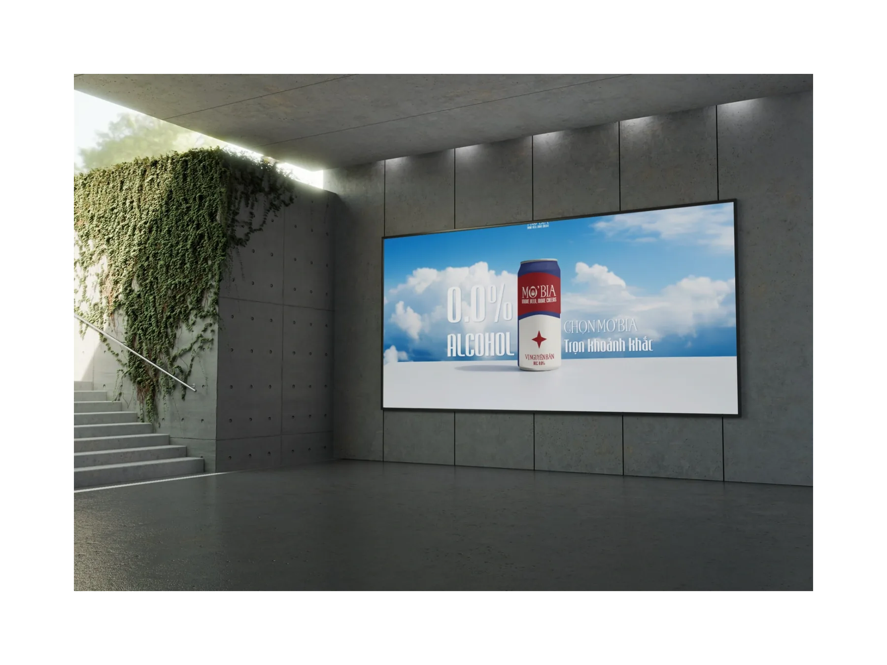 Screen mockup with MO’BIA brand artwork.