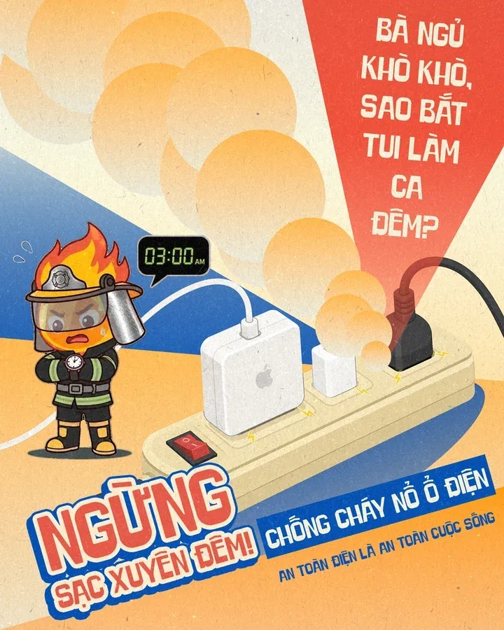 Warning direction: Ổ điện lên tiếng, overnight charging poster